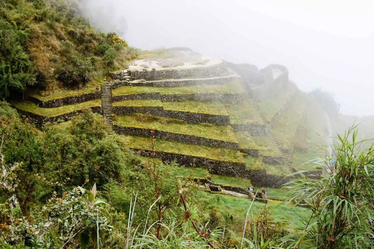 Puyupatamarca, one of the archaeological sites along the Inca Trail, shrouded in mist.