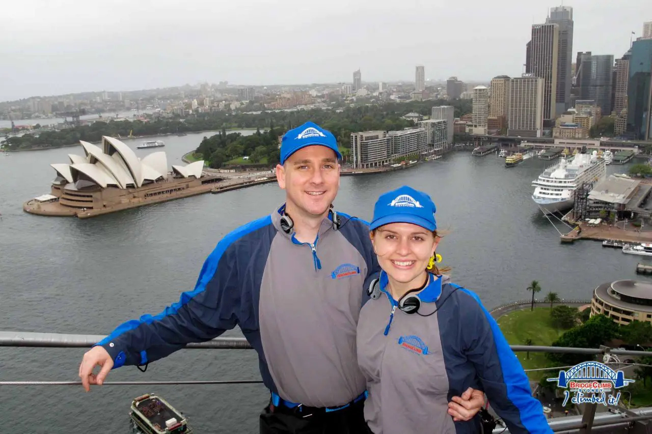 James and I on our Harbour Bridge Climb looking out over Sydney Harbour and the Opera House