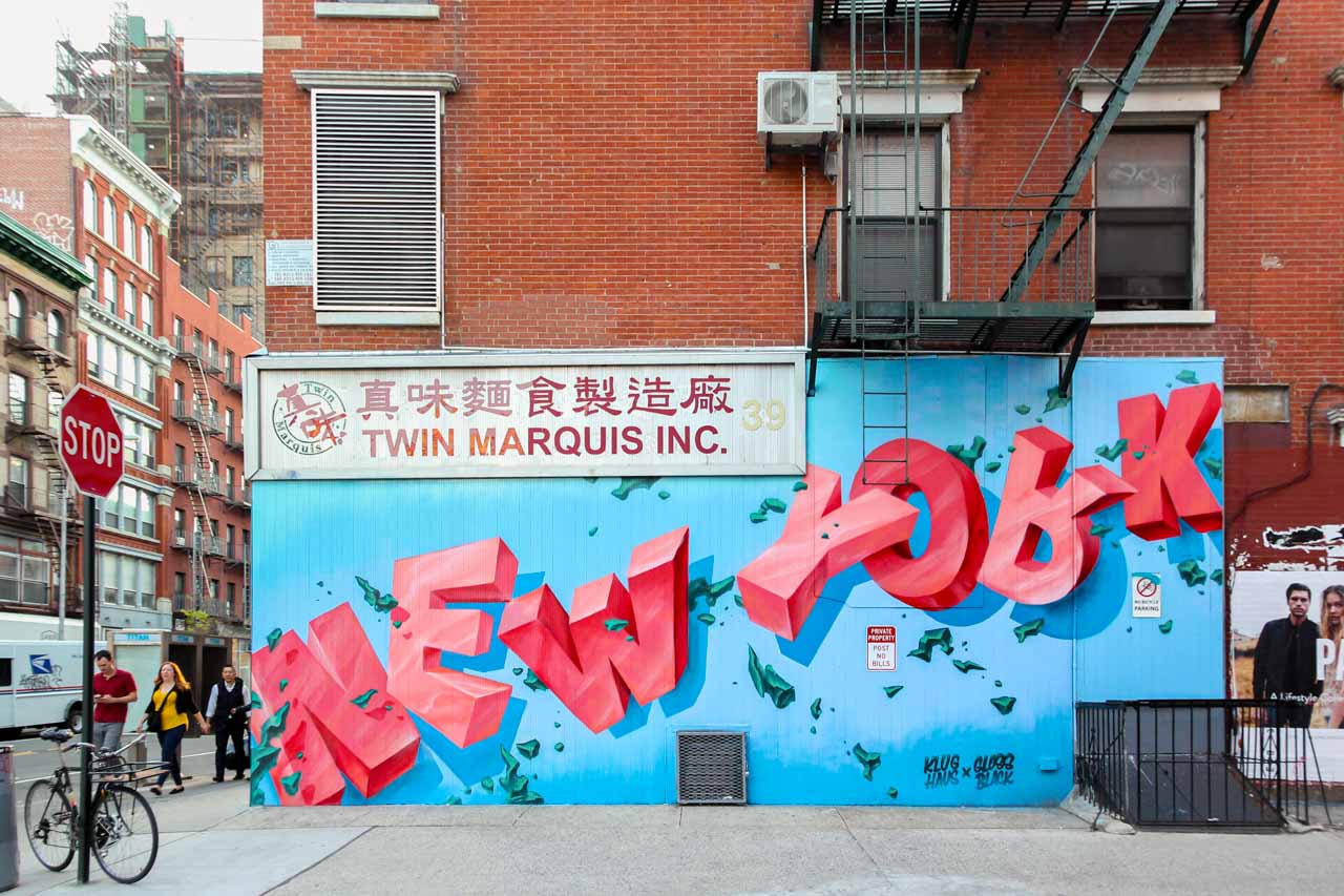 New York Mural in blue and pink