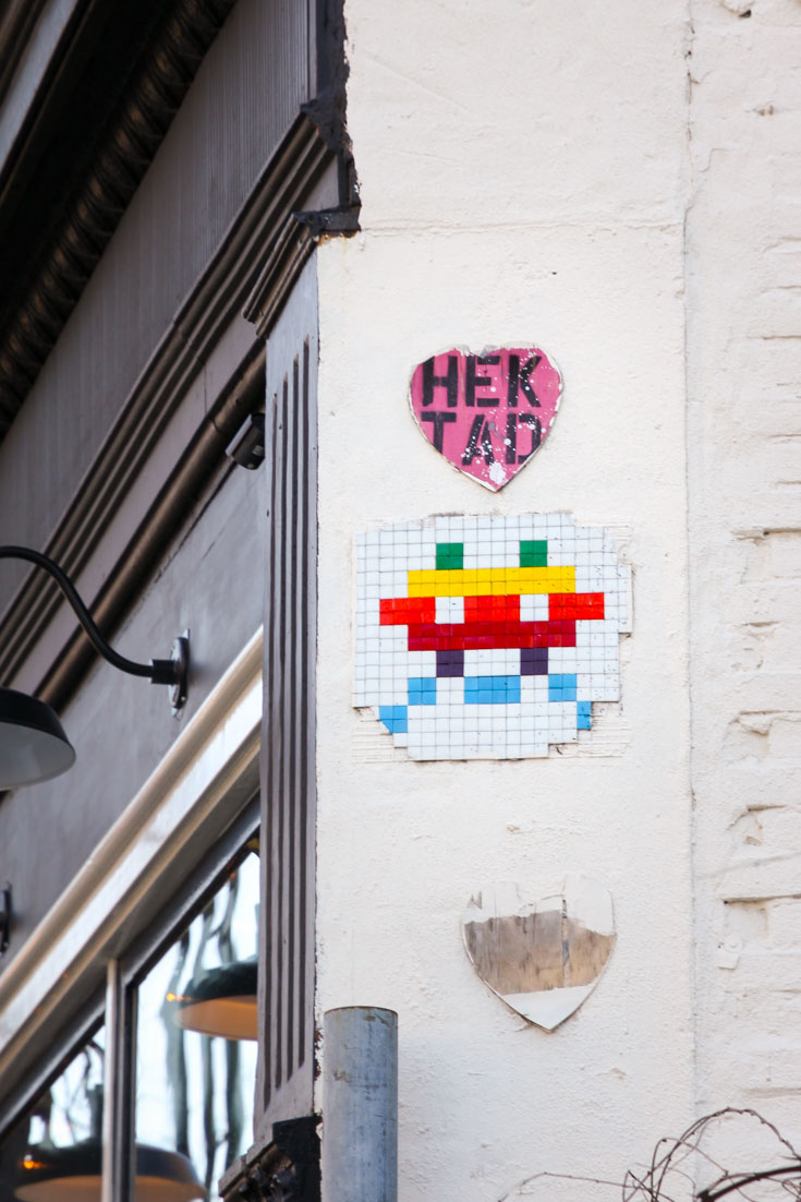 Rainbow Space Invador and HEKTAD pink heart paste-ups