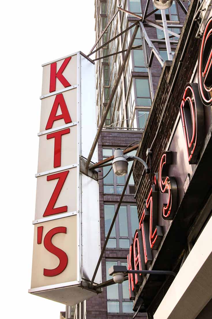 Red and white sign above Katz's Deli on the Lower East Side