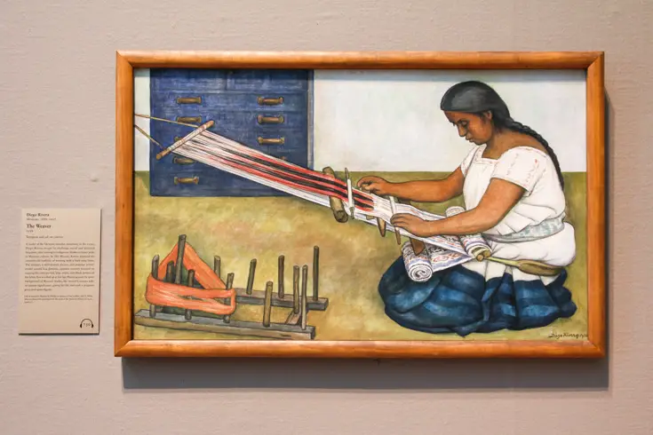 Painting of woman weaving on backstrap loom by Diego Rivera at the Art Institute of Chicago