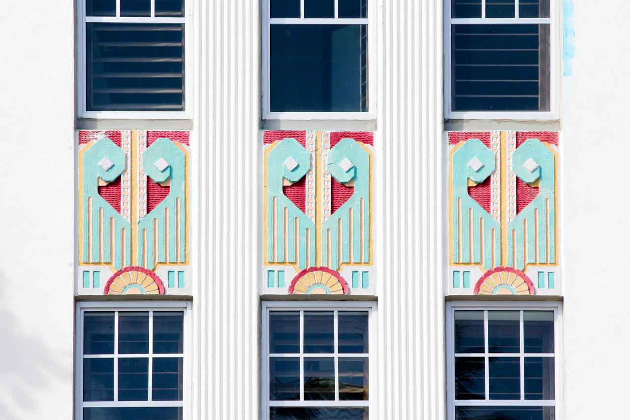 Close up of decorative details on the Art Deco facade of Cavalier, South Beach, Miami.