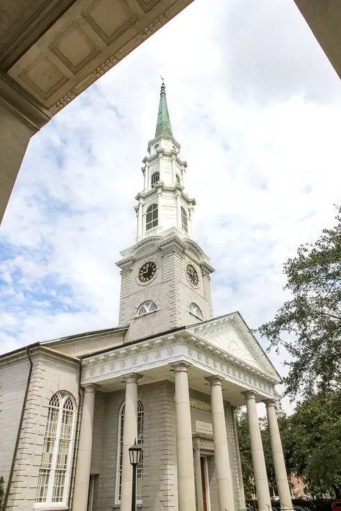 White church steeple and entrance