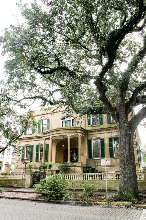 Street view of Owens-Thomas House in Savannah with large trees