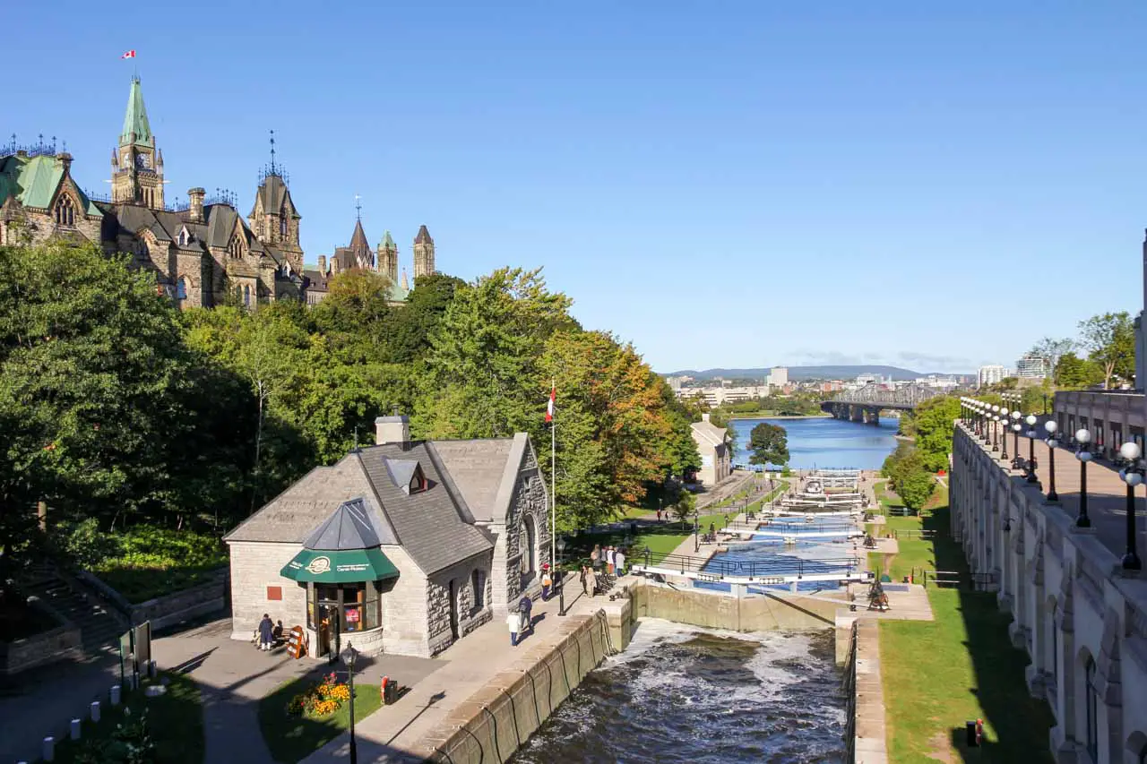 Rideau Canal view to Ottawa River with Parliament Hill on left