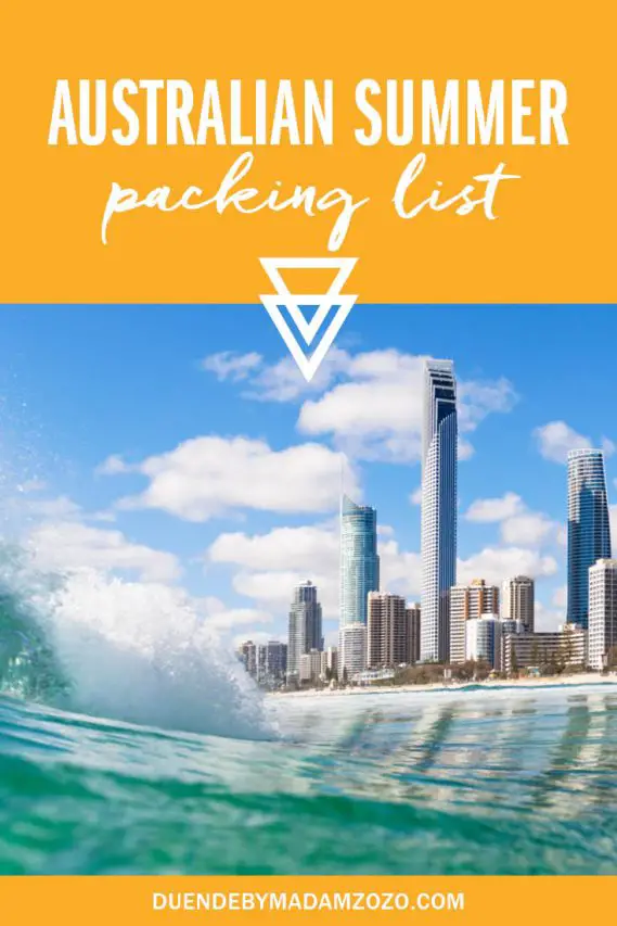 View of Gold Coast highrise buildings from water with crashing wave in foreground and text overlay reading "Australian Summer Packing List"