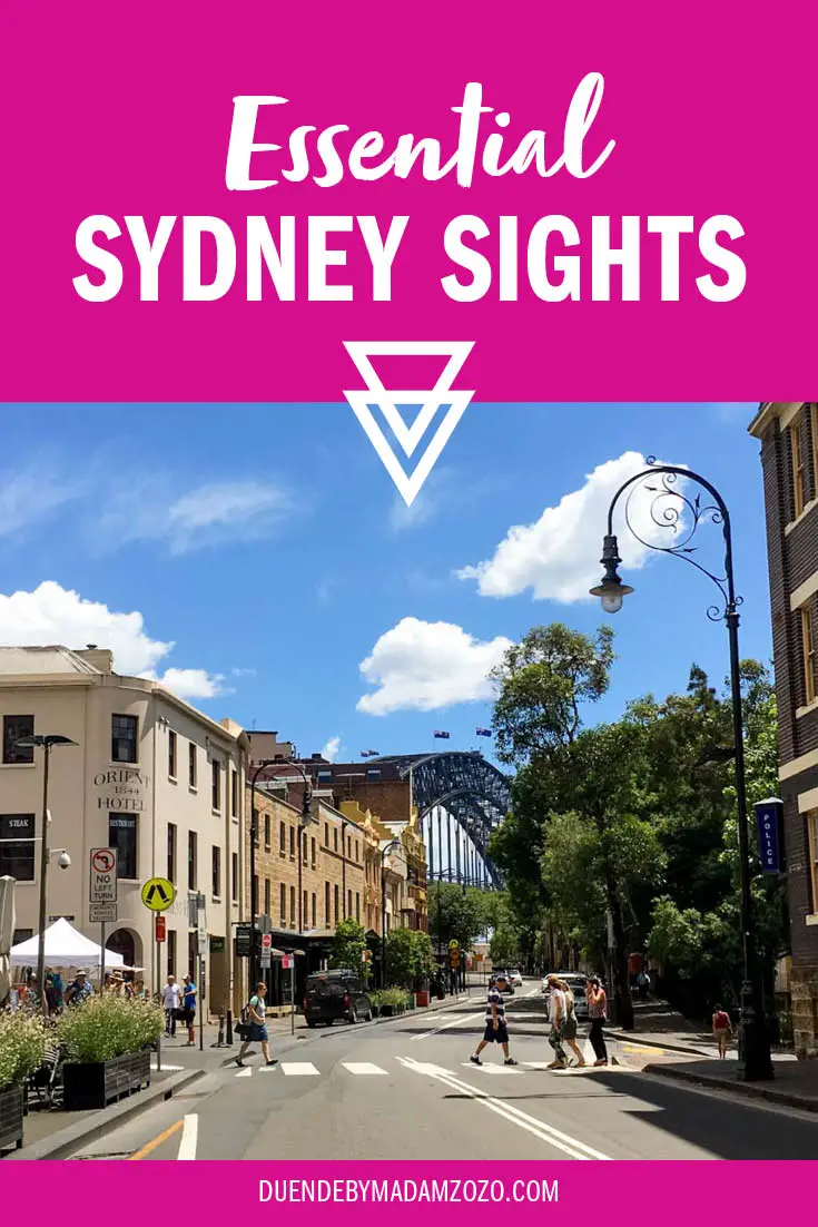 Image of historic architecture on street leading to Sydney Harbour Bridge. Title reads "Essential Sydney Sights"