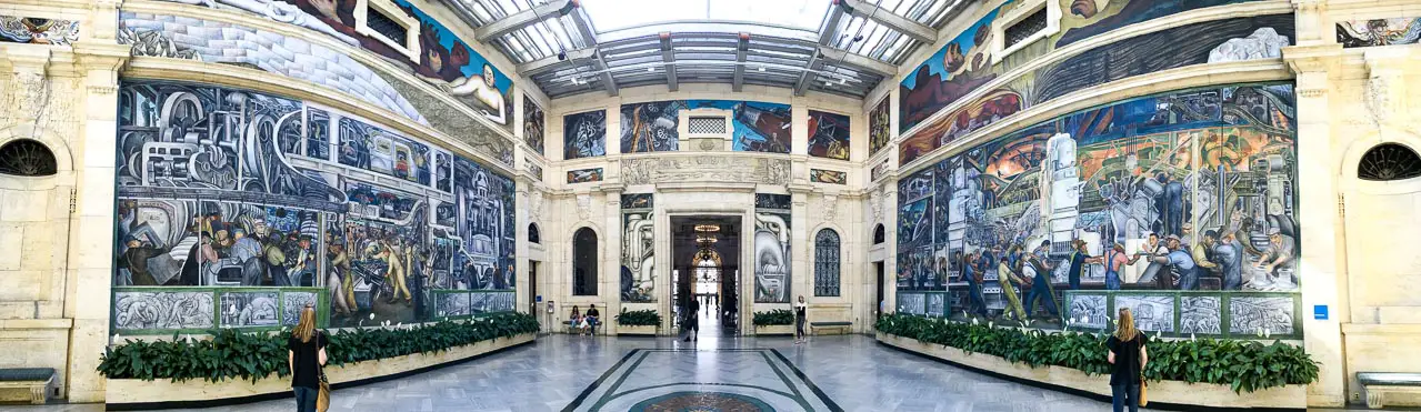 Panorama photo of frescoes consisting of twenty-seven panels depicting industry at the Ford Motor Company