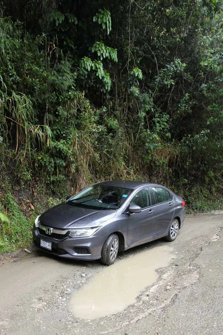 Car with huge pothole in jungle-lined dirt road