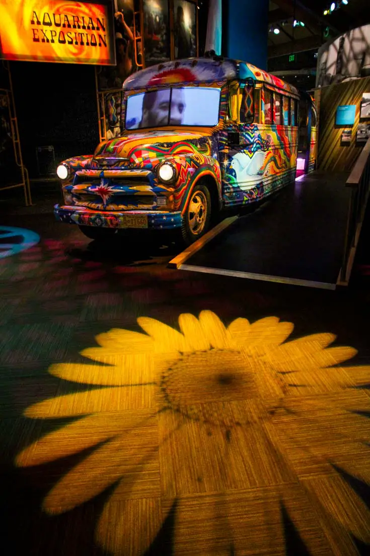 Psychedelic bus and colourful lighting in the Bethel Woods Museum