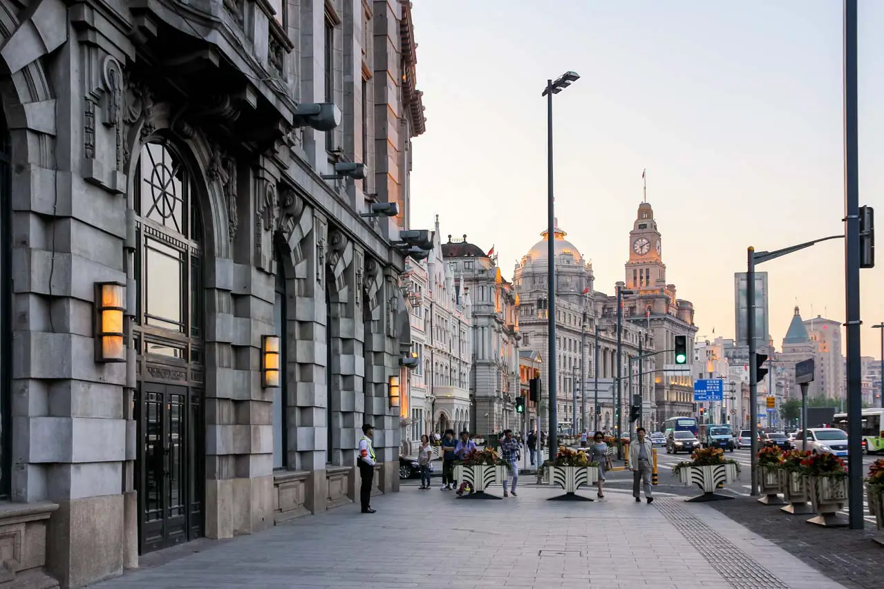 The Bund's colonial architecture at Sunset