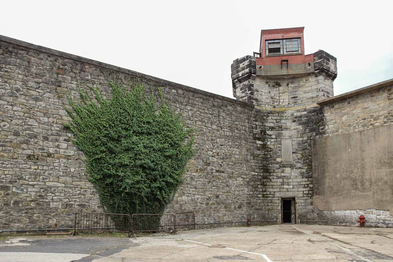 Eastern State Penitentiary courtyard with ivy growing up tall stone wall