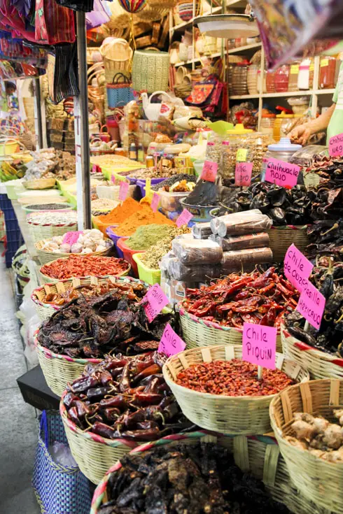 Chilies for sale in baskets