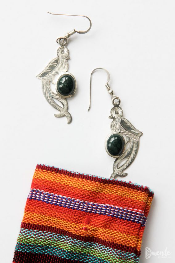 Jade and silver earrings in the shape of Quetzal birds