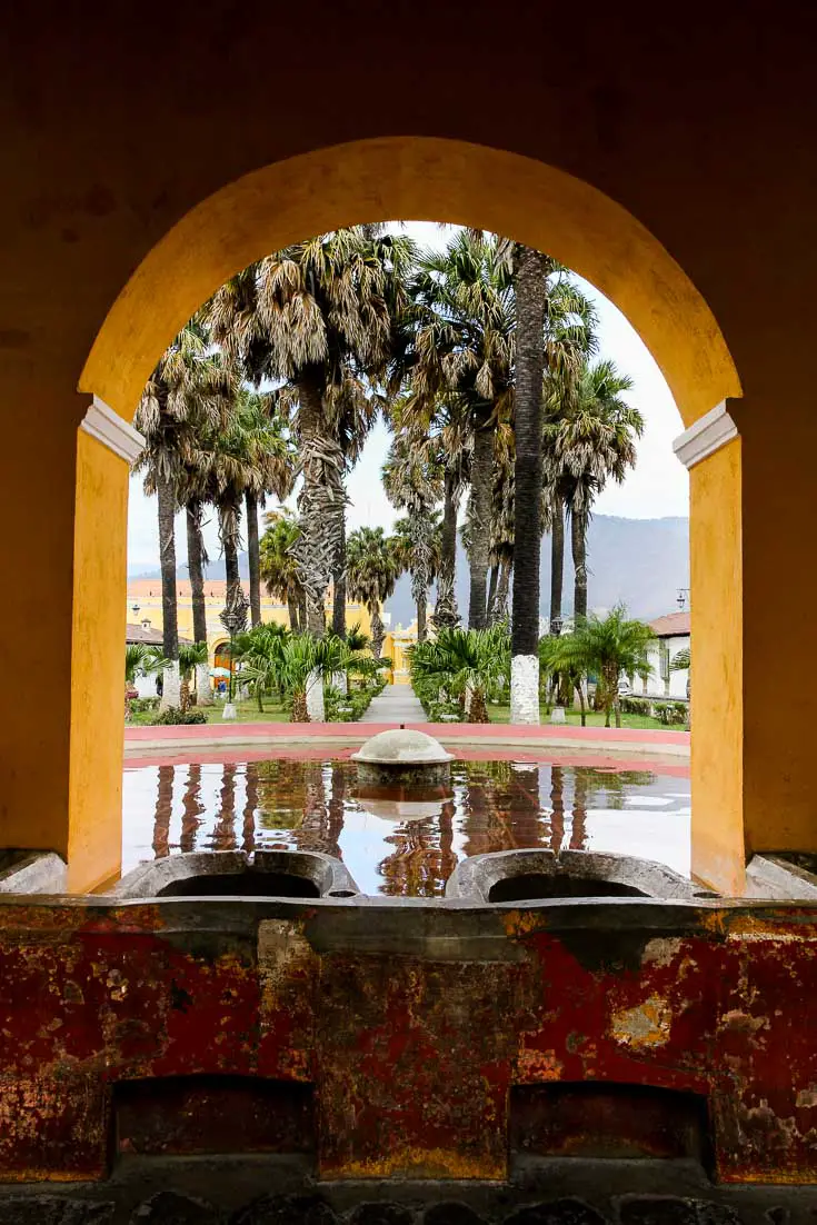 Photo of yellow structure with arched openings and large palms in the background