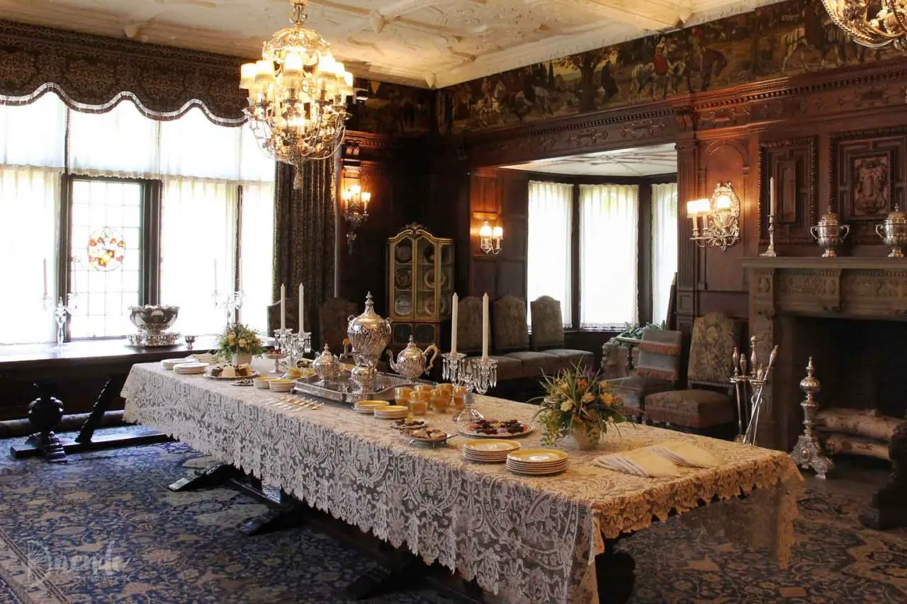 Formal dining room with large banquet table at the centre