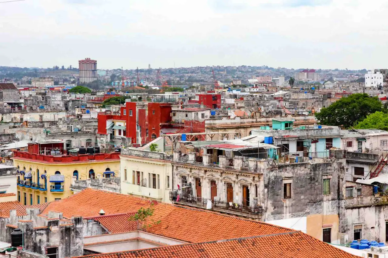Views over crumbling colonial buildings in Havana's old town neighbourhood