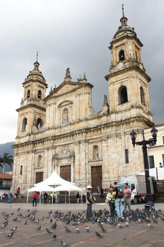 Primatial Cathedral of Bogotá with marquees and pigeons outside