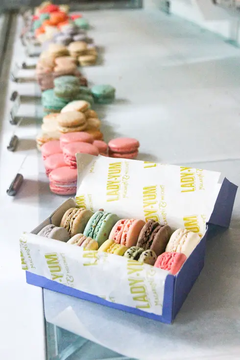 Window display of pastel coloured macarons