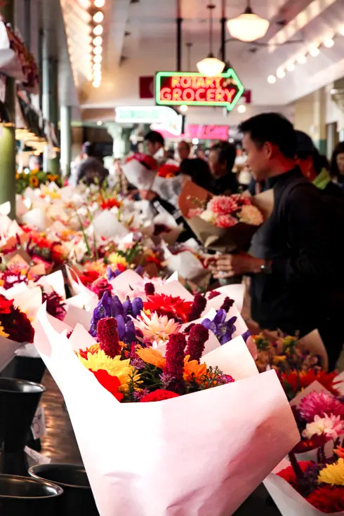 Bouquets of flowers for sale in Pike Place Market