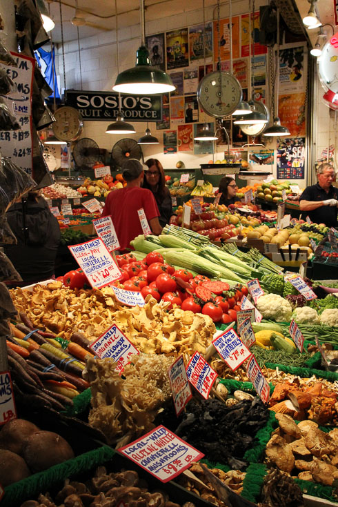 Fruit and vegetables for sale inside marketplace