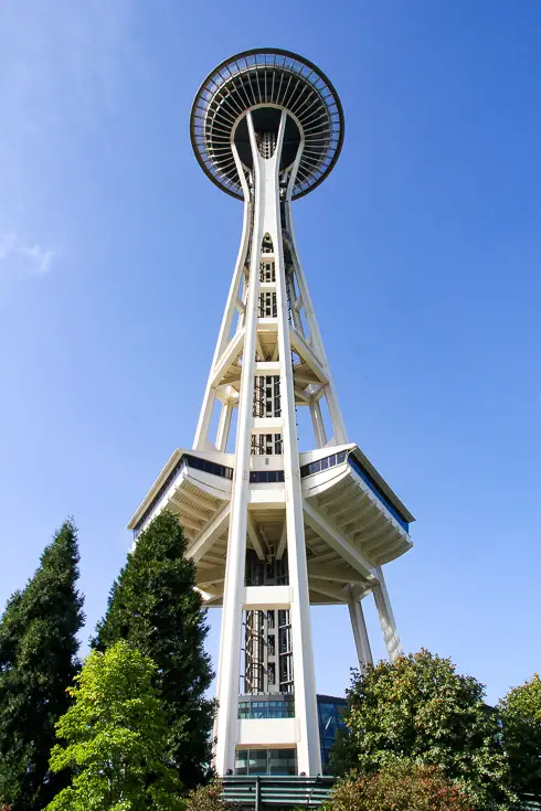 Seattle Space Needle viewed from below with blue sky