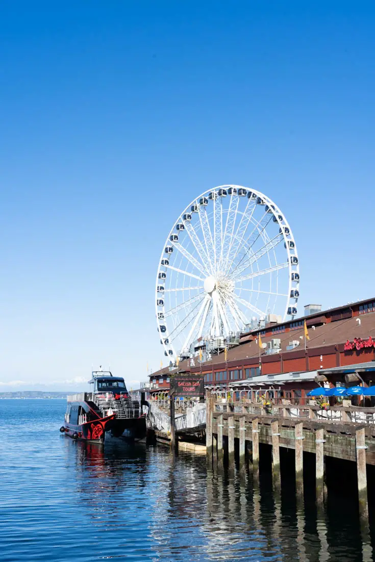 Wharf and ferris wheel on sunny, blue sky day