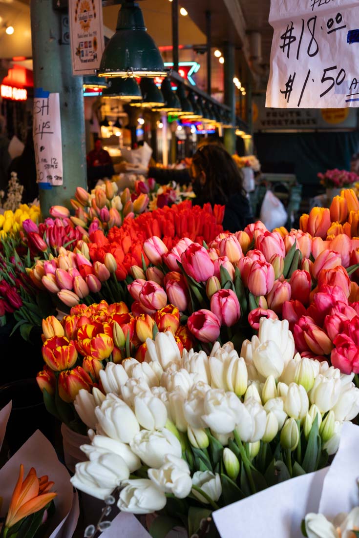 Bouquets of tulips for sale in Pike Place Market