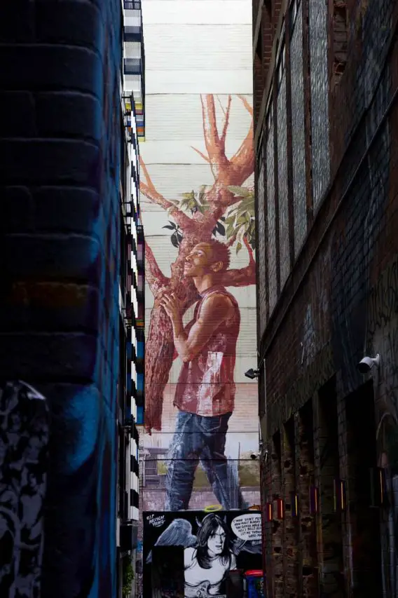 Slither of a mural showing a man carrying a tree, viewed between two buildings