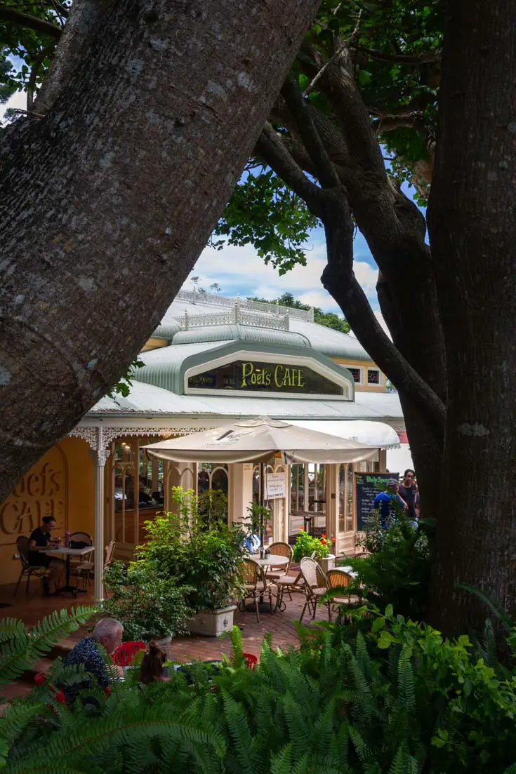 Photo of cafe exterior framed by the boughs of two trees