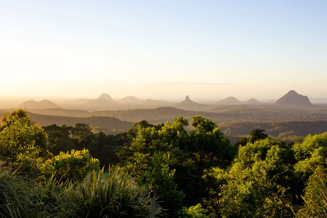 Glasshouse Mountains viewed from Maleny at sunrise