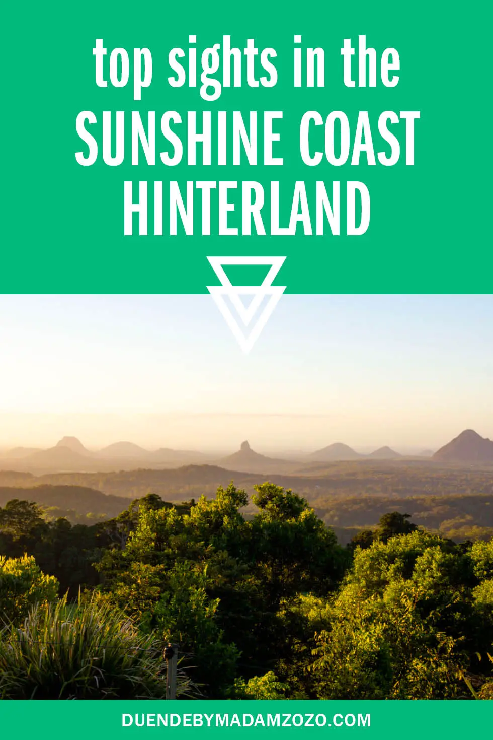 Image of sunrise over volcanic mountains with text reading "top sights in the Sunshine Coast Hinterland"