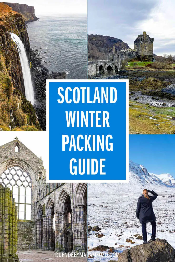 Images of waterfall, castle, church ruins and snowy mountains with title "Scotland Winter Packing Guide"