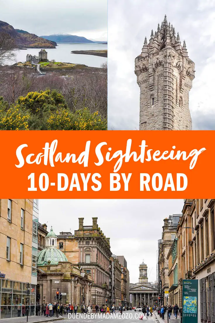Images of Glenfinnan, Stirling and Glasgow with text overlay reading "Scotland Sightseeing 10-days By Road"