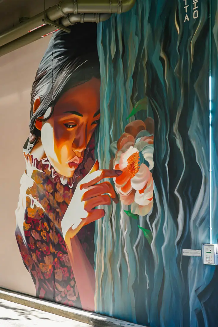 Mural of woman playing with flower floating on water