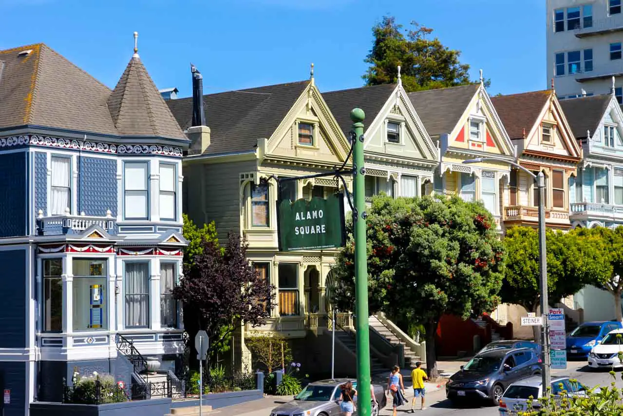 Postcard Row of Victorian homes viewed from Alamo Square