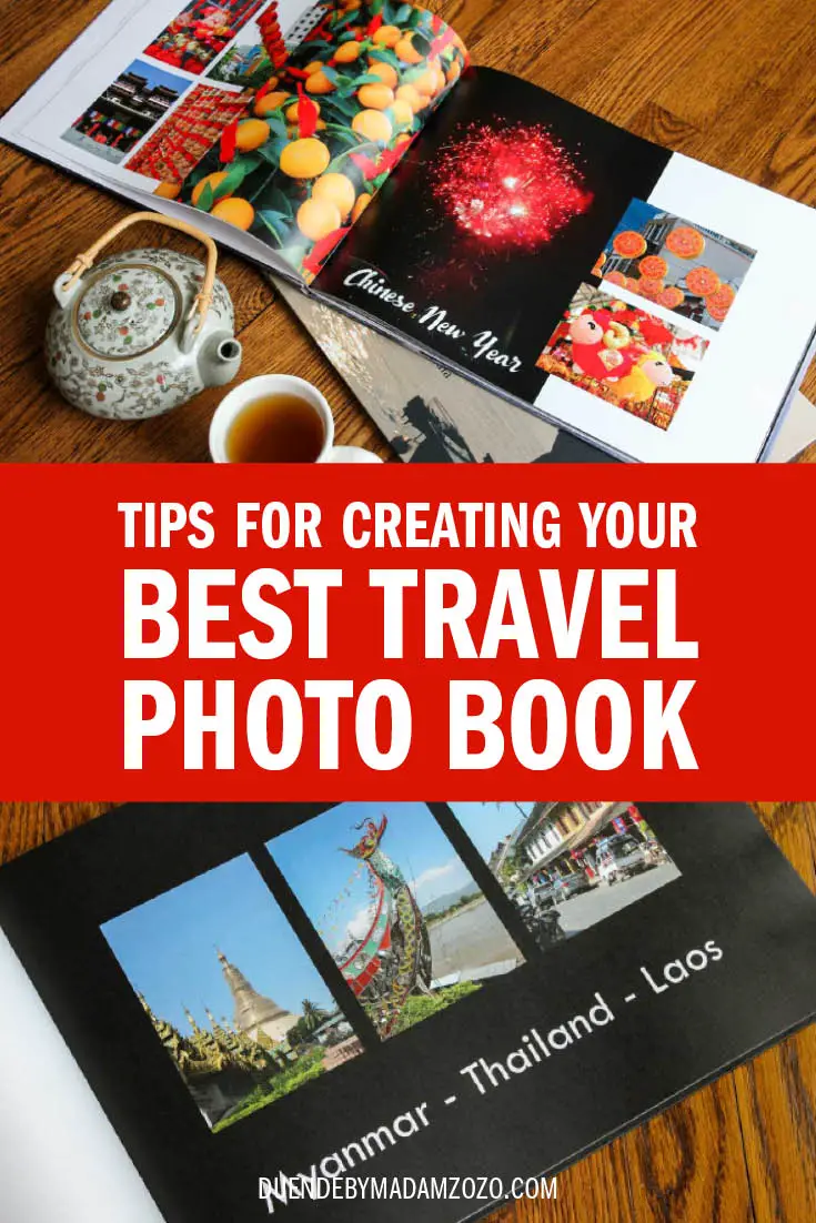 Images of a travel photo books with the title "Tips for Creating Your Best Travel Photo Book"