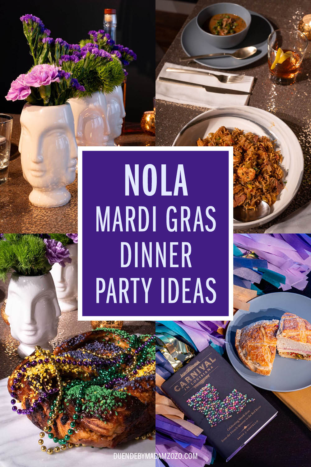 New Orleans Carnival Party Ideas for Adults Images of a Mardi Gras themed dinner party with the title "NOLA Mardi Gras Dinner Party Ideas"
