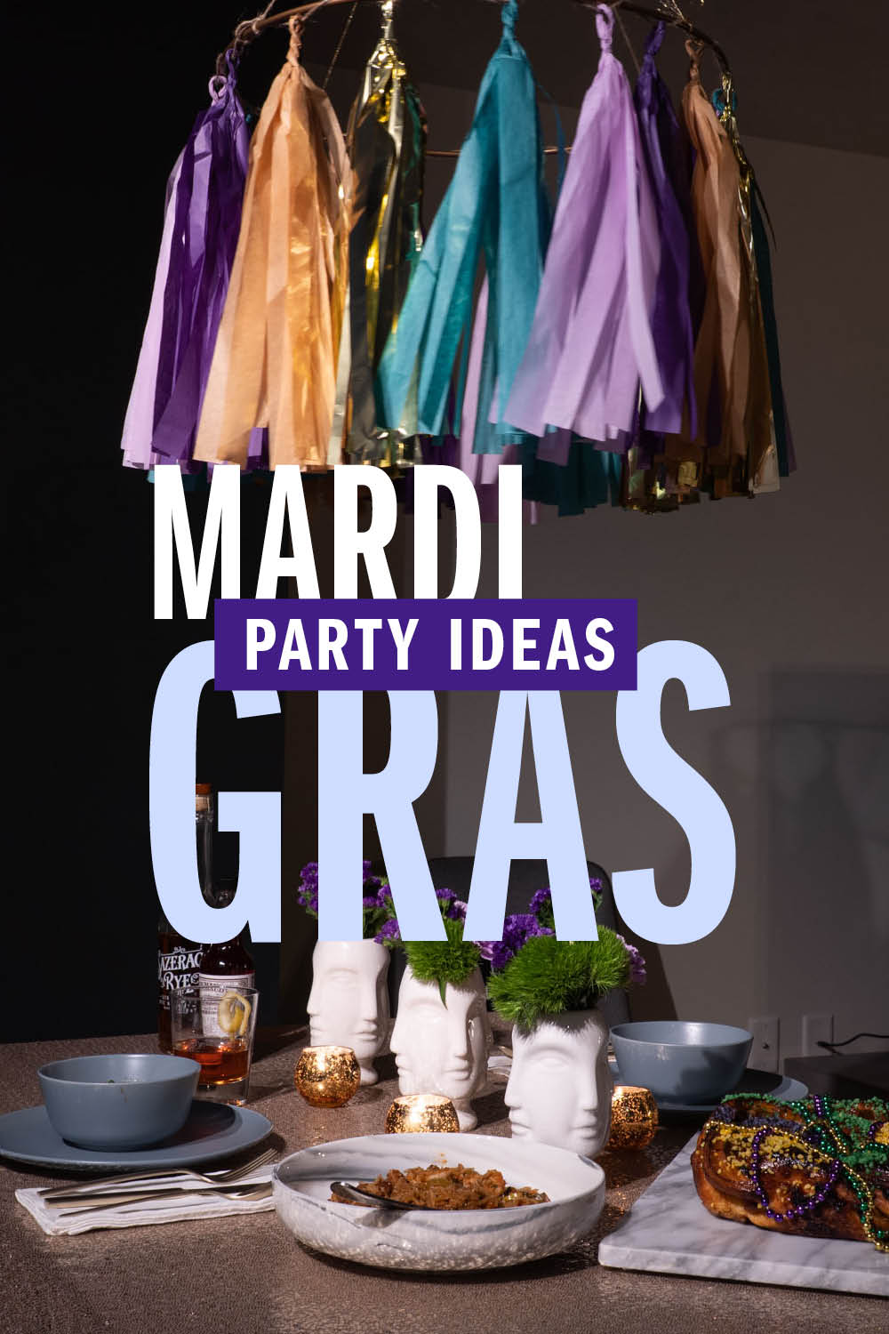 Mardi Gras Dinner Party Food & Decor Ideas Image to table set with gold, purple and green decor for a Mardi Gras-themed dinner, with the title "Mardi Gras Party Ideas"