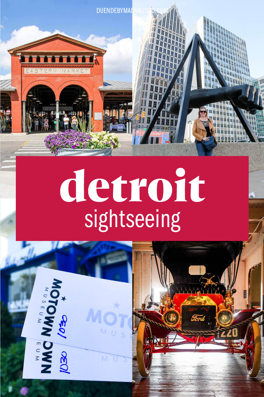 Images of Detroit street art and skyline with title "Detroit Sightseeing"