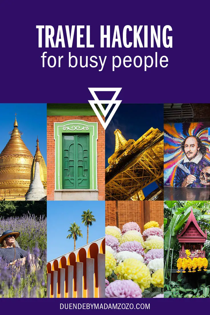 Colourful images from destinations around the world with the title "Travel hacking for busy people"