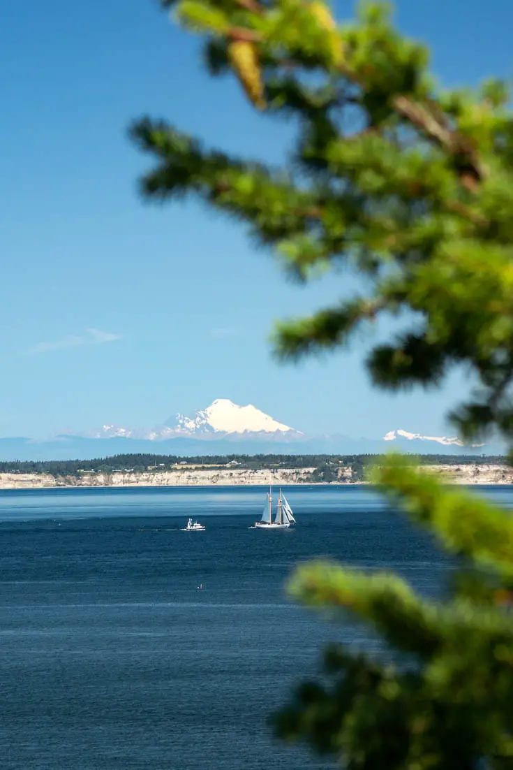 View across water to snow-covered mountain with old sailing boat and evergreen foliage in foreground