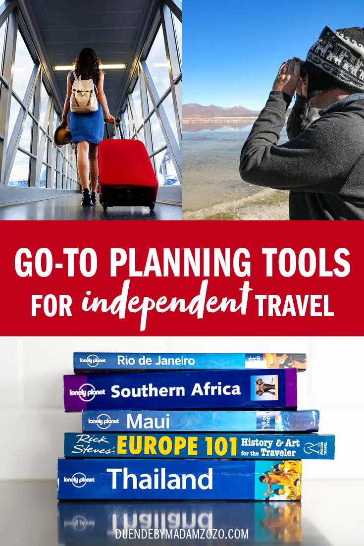 Images of travellers in airport and sightseeing and a stack of guidebooks. Title reads "Go-to planning tools for indpendent travel"