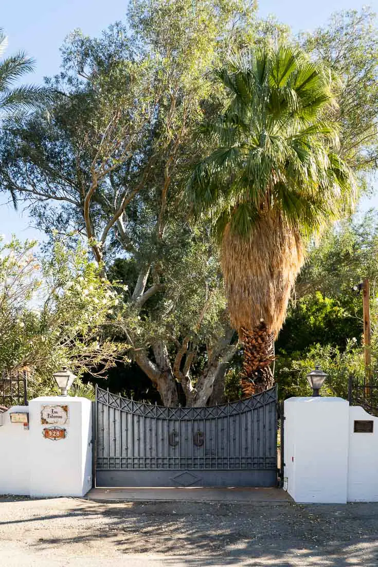 Initials "C.G." on a gate with palms behind