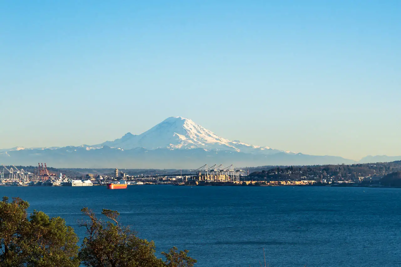 Mount Rainier viewed across Puget Sound on a clear, blue-sky day