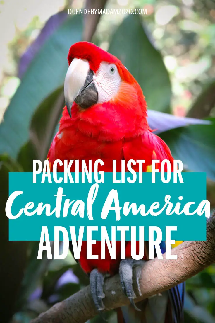 Image of red tropical bird with title overlay reading "Packing List of Central Amercia Adventure"