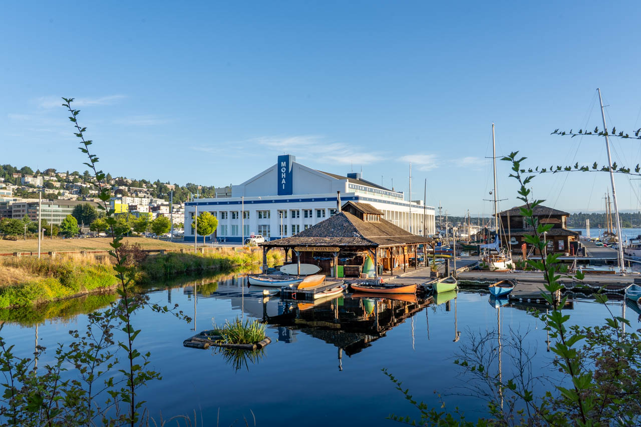 Center for Wooden Boats and MOHAI on Lake Union on sunny, still morning
