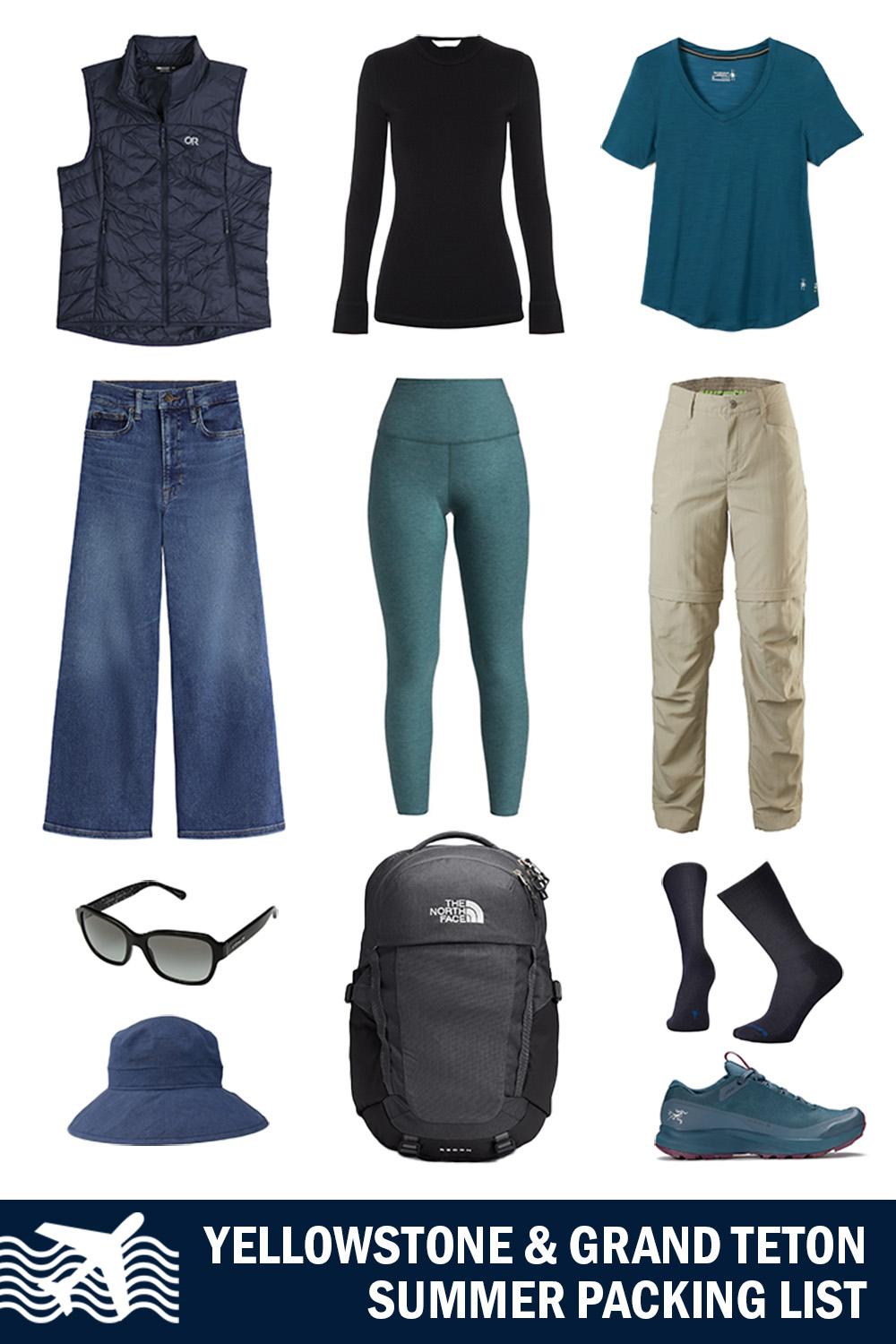 Images of womens' clothing and accessories with text "Yellowstone National Park Summer Packing List"