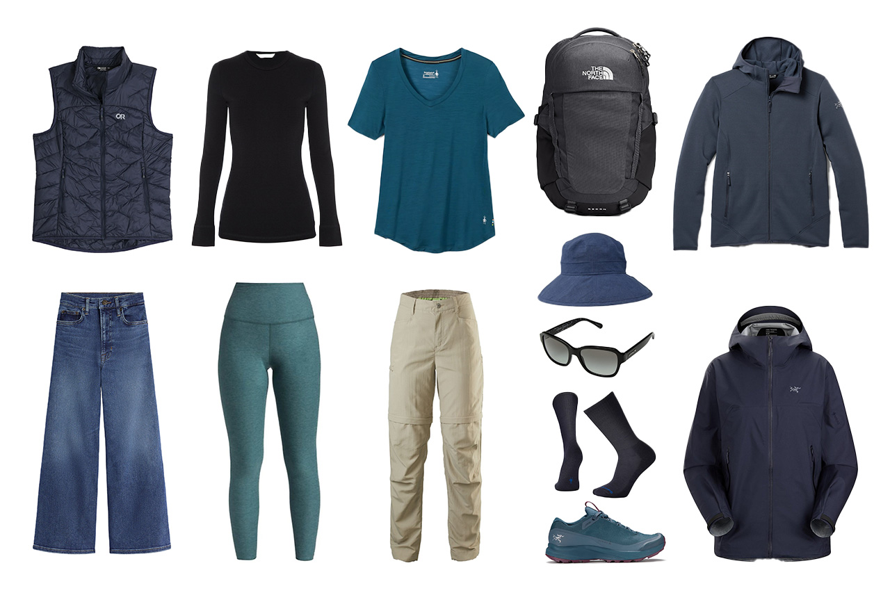 Images of clothing and accessories for a National Park summer trip including hiking clothing, shoes and backpack